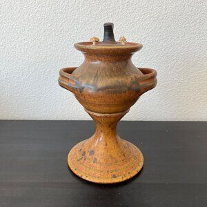 Studio Art Pottery Stoneware Oil Lamp Two Wicks 9" Vintage 1970s